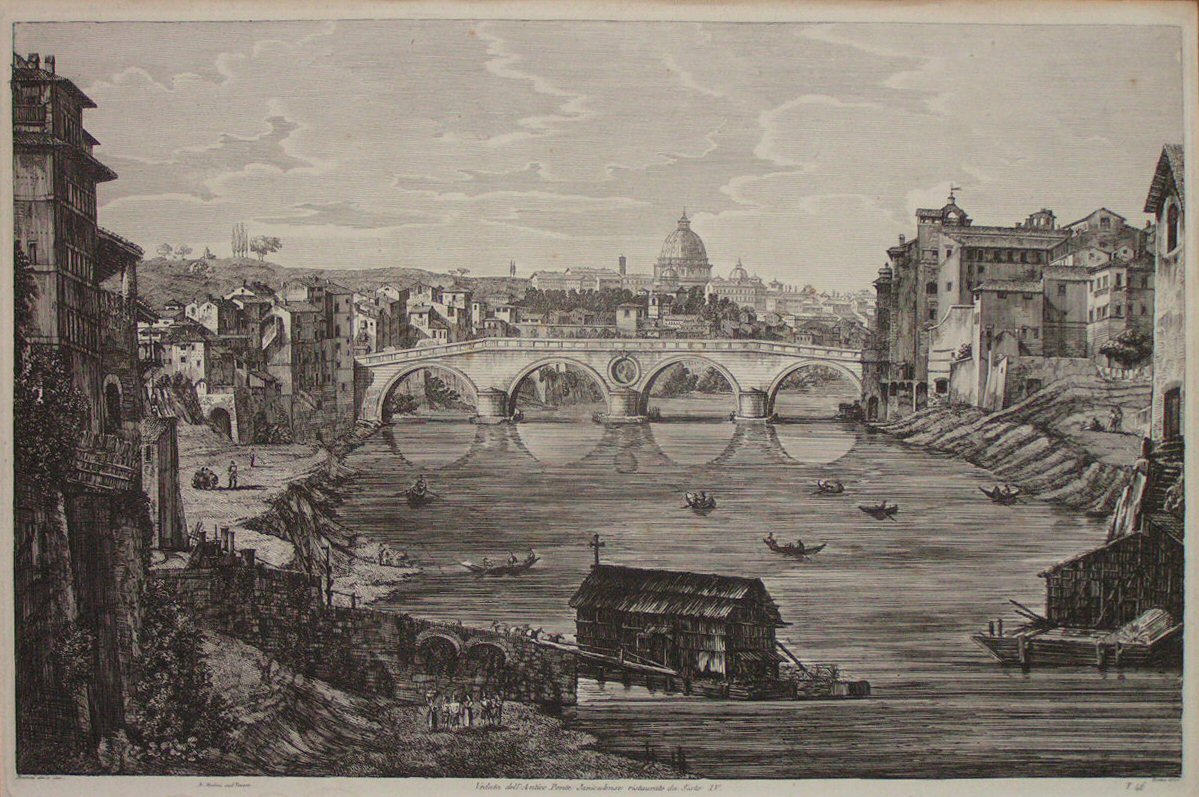 Etching - Veduta dell' antico Ponte Janiculense ristaurato da Sisto IV.  - Rossini
